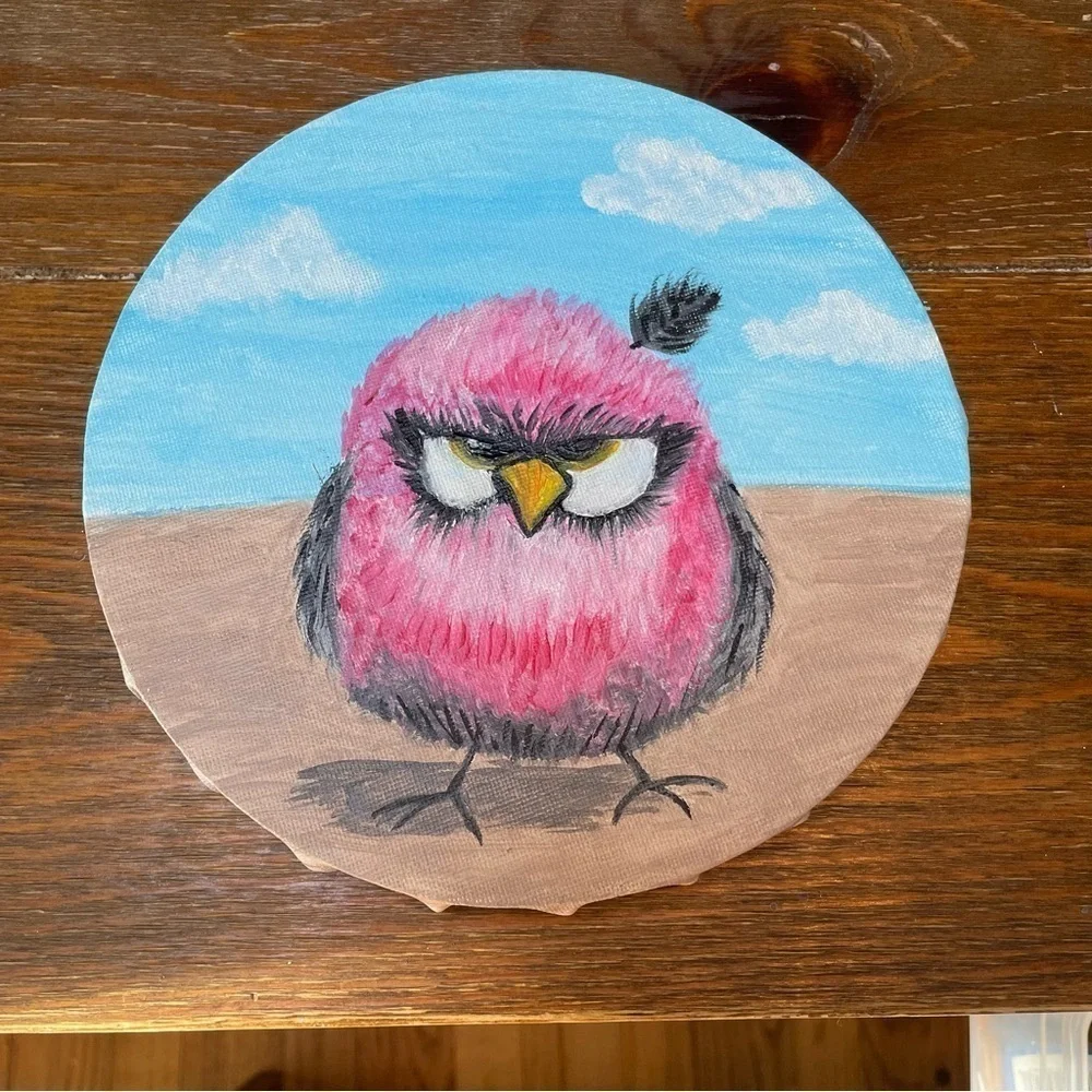 Handmade acrylic painting round grumpy bird